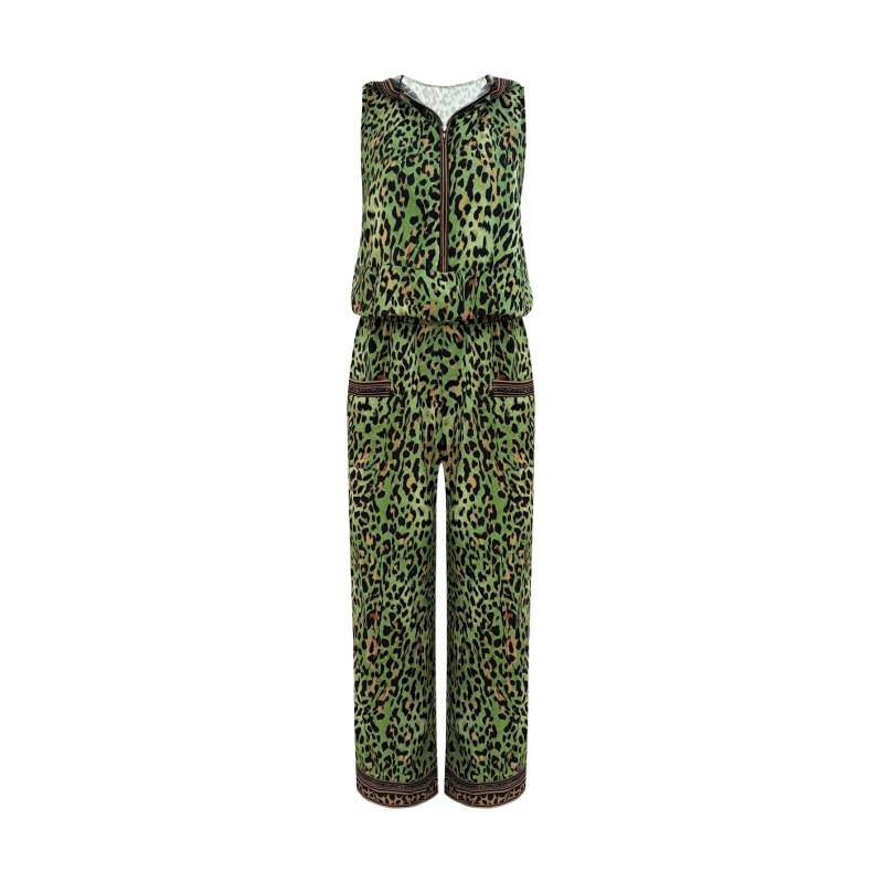 Plus Size Leopard Print Hooded Sleeveless Vest and Wide-Leg Pants Set