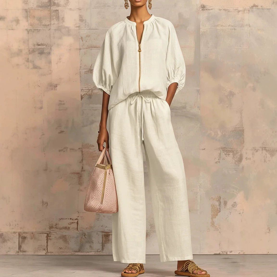 Women's Casual Solid Zip Crew Neck Wide Leg Pants Set