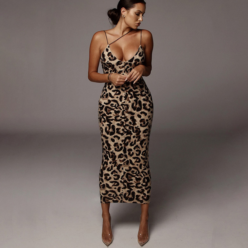 Women's Sleeveless V-Neck Midi Dress Sexy Animal Print Backless