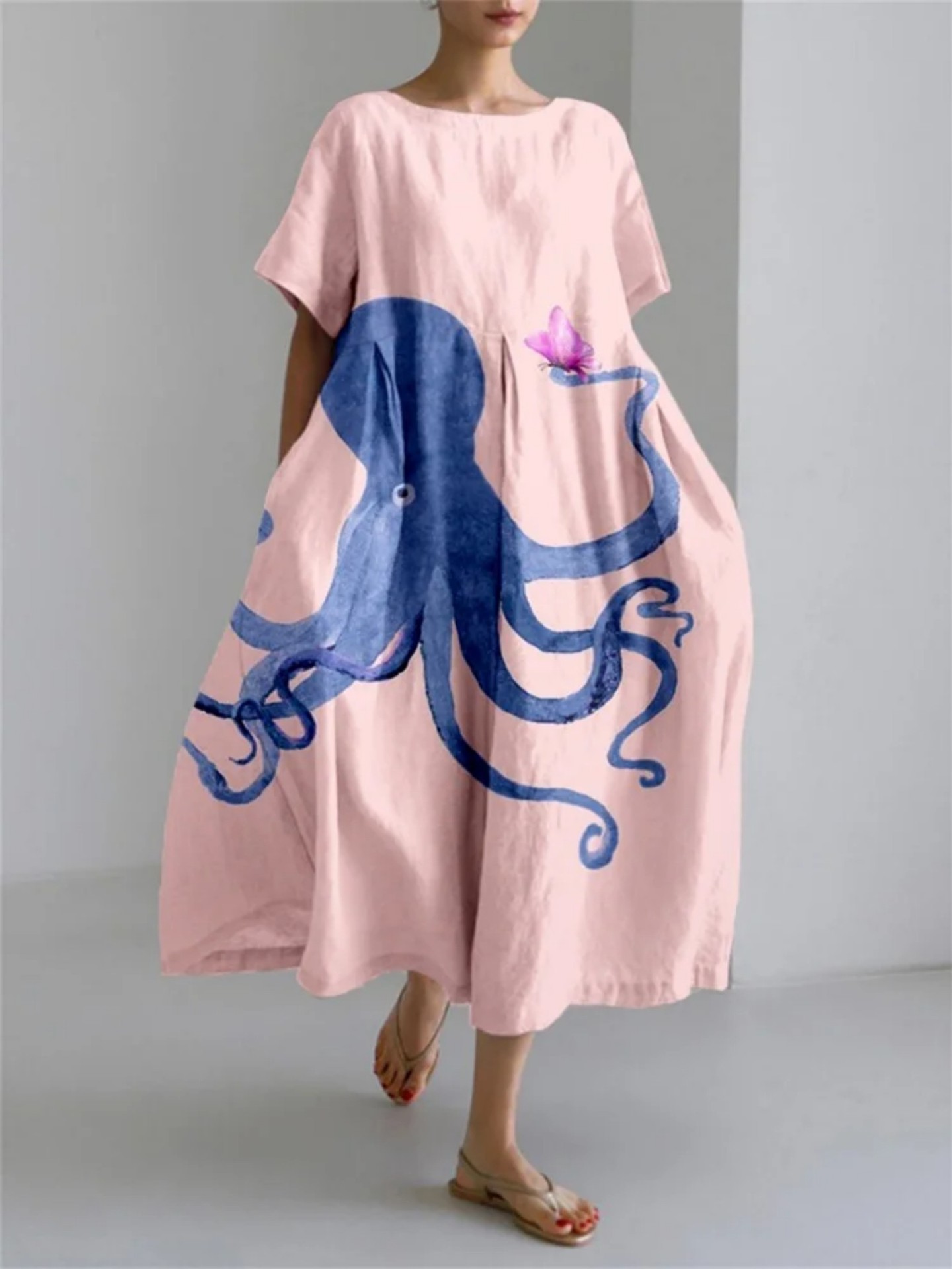 Women's Animal Print Casual A-Line Dress with U-Neck and Short Sleeves