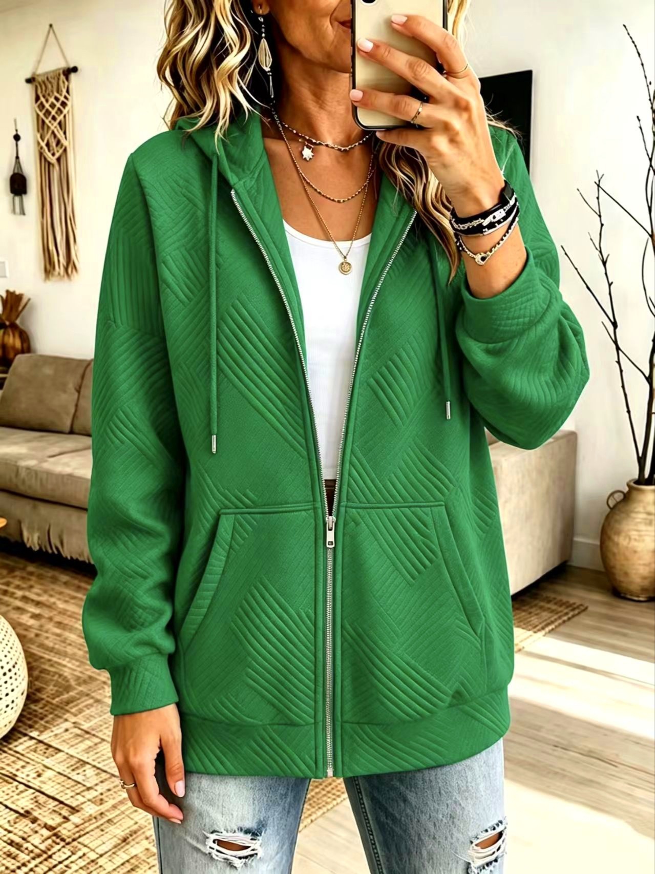 Plus Size Solid Color Hooded Zip-Up Loose Fit Women's Sweatshirt