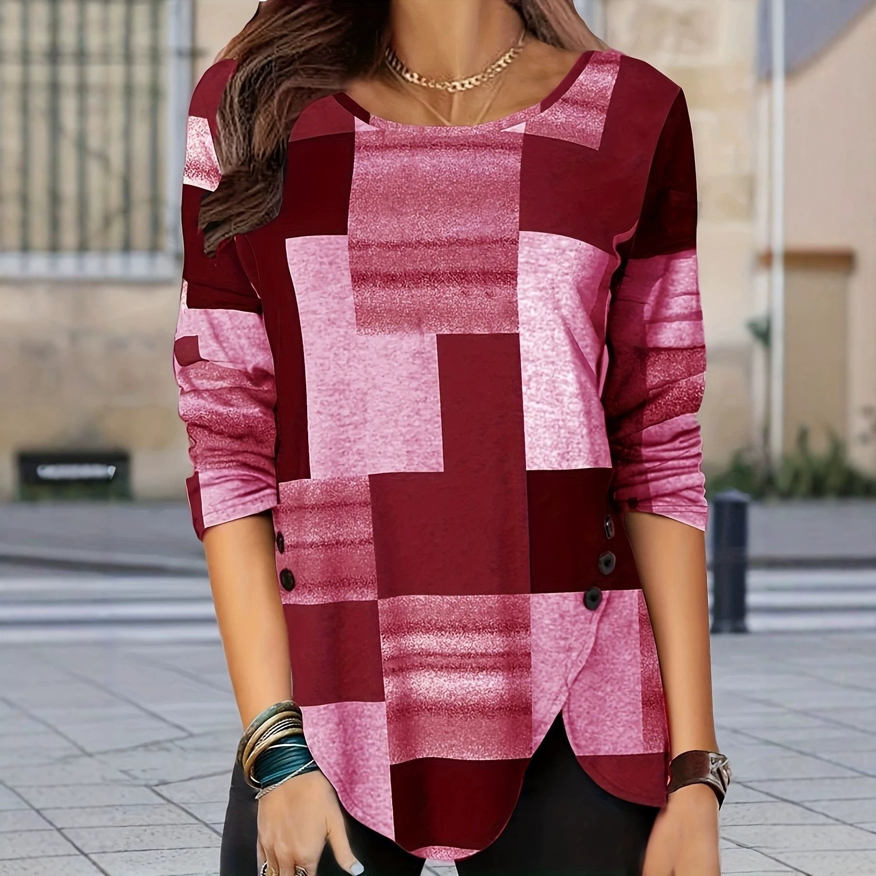 Plaid Crewneck Pullover Long Sleeve Knit Top