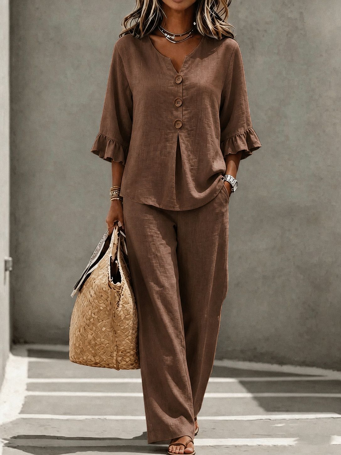 Women's Casual Button V-Neck Ruffle 3/4 Sleeve Top and Pants Two-Piece Set
