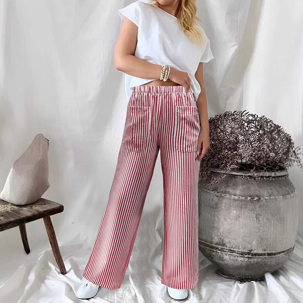 Women's Striped Wide-Leg Pants with Pockets Casual Loose Fit