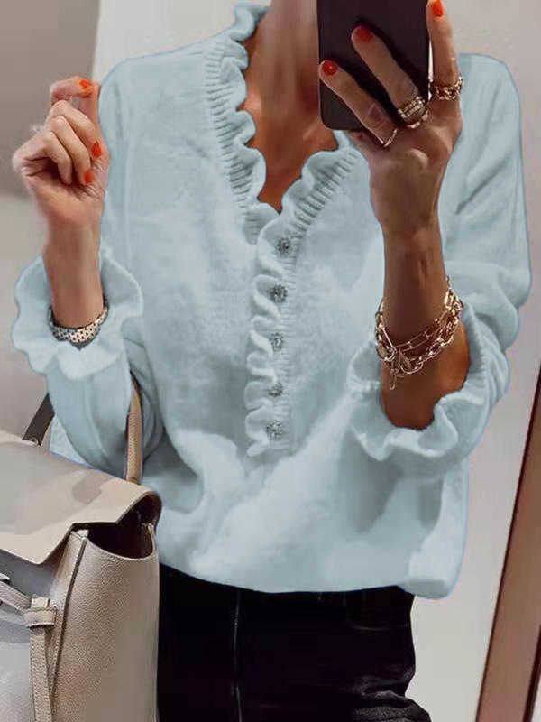 Women's Long Sleeve Ruffle Knit Top V-Neck Beaded