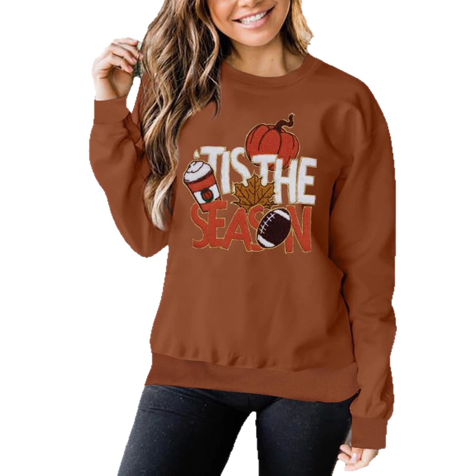Halloween Letter Print Towel Embroidered Crewneck Long Sleeve Ribbed Sweatshirt