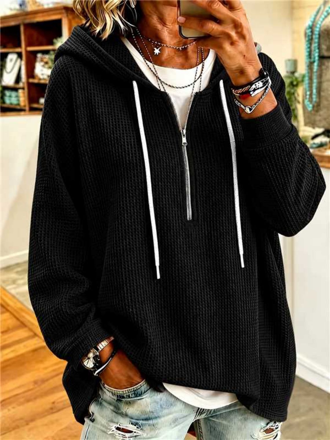 Women's Waffle Knit Drawstring Hooded Sweatshirt Loose Zip-Up Long Sleeve Top