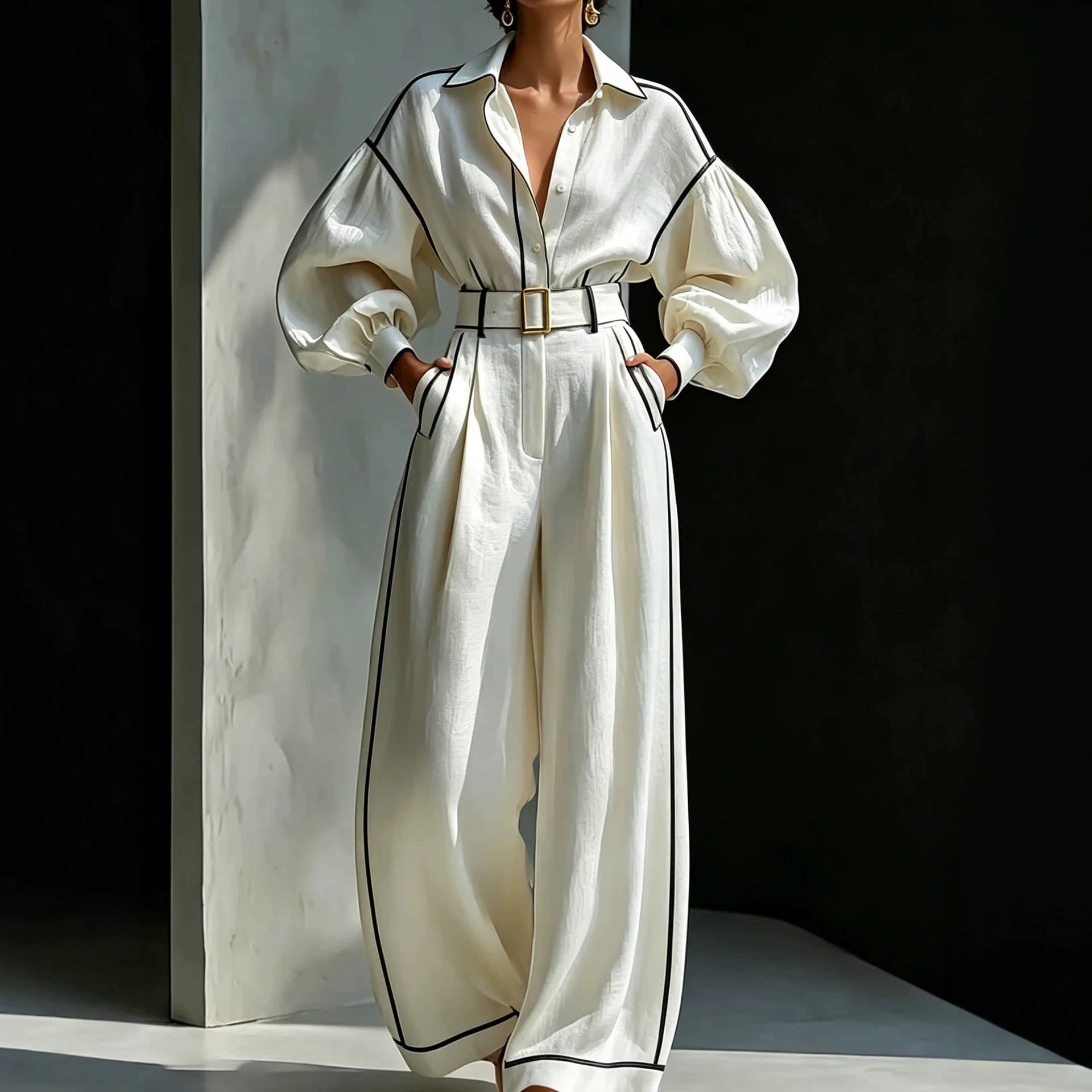 Women's Relaxed Two-Piece Set with Belt – Long Sleeve Shirt & Wide-Leg Pants