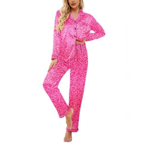 Women's Cuban Collar Leopard Print Long Sleeve Shirt Set