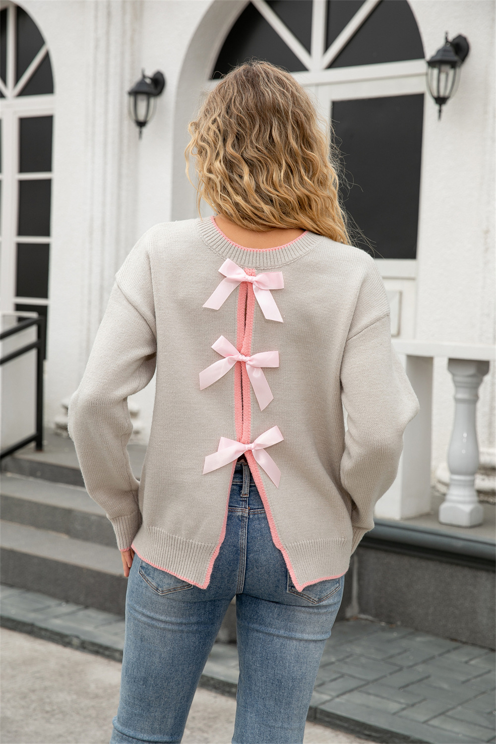 Back Bow Tie Open Back Knit Sweater for Women