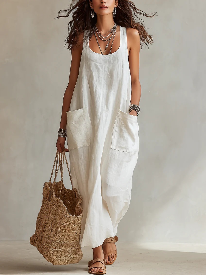 Women's Cotton-Linen Sleeveless Long Dress with Pockets
