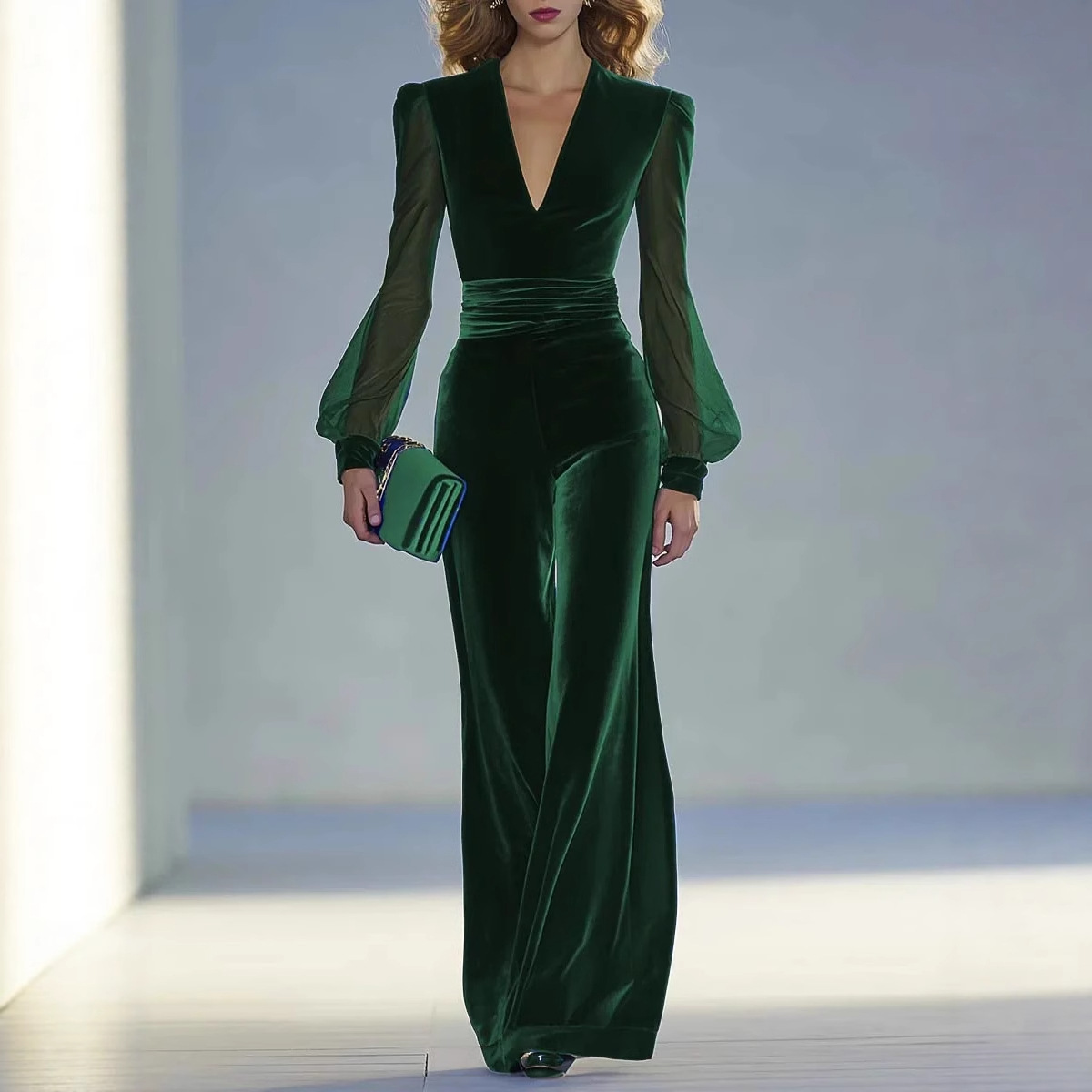 Women's Long Sleeve Velvet Sheer Solid Jumpsuit