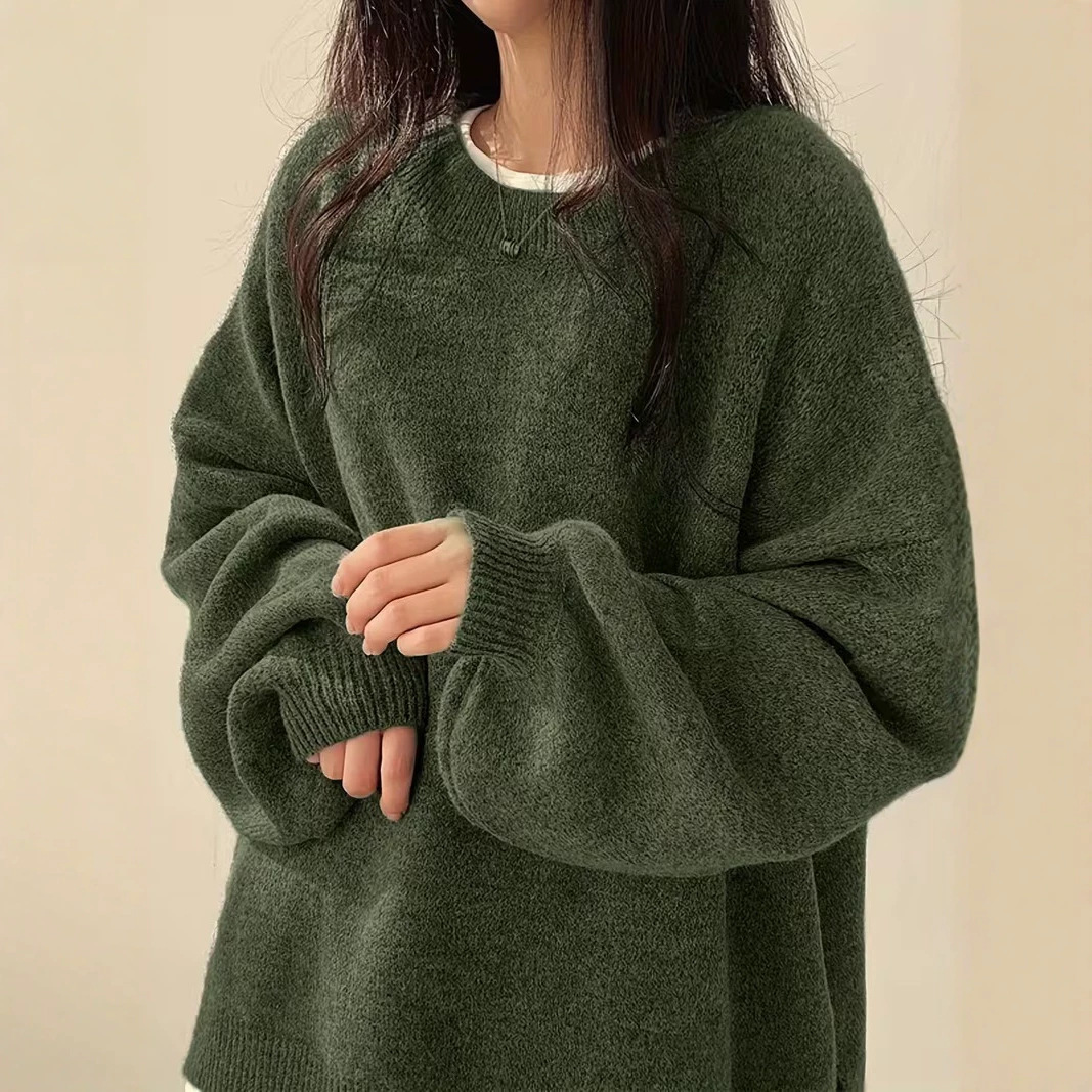 Women's Solid Crewneck Pullover Sweater Casual Long Sleeve Drop Shoulder Slit Knit Top