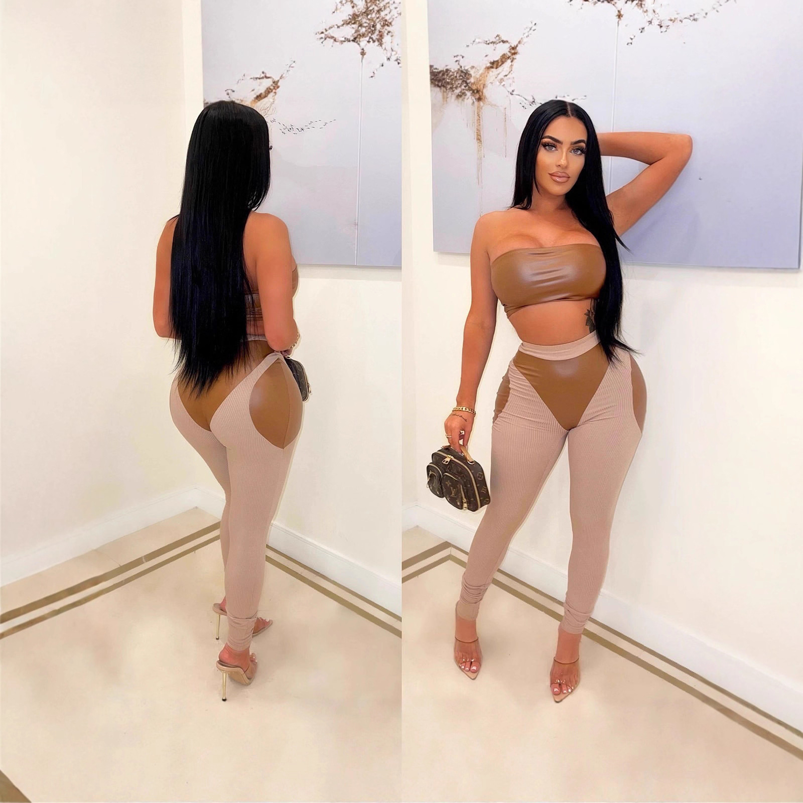 Women's Sexy Colorblock Two-Piece Set Tube Top PU Leather Pants Slim Fit