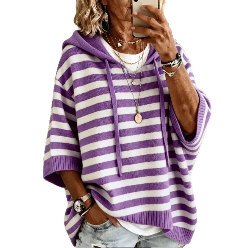 Striped Knit Hooded Sweater with Drawstring Loose Fit