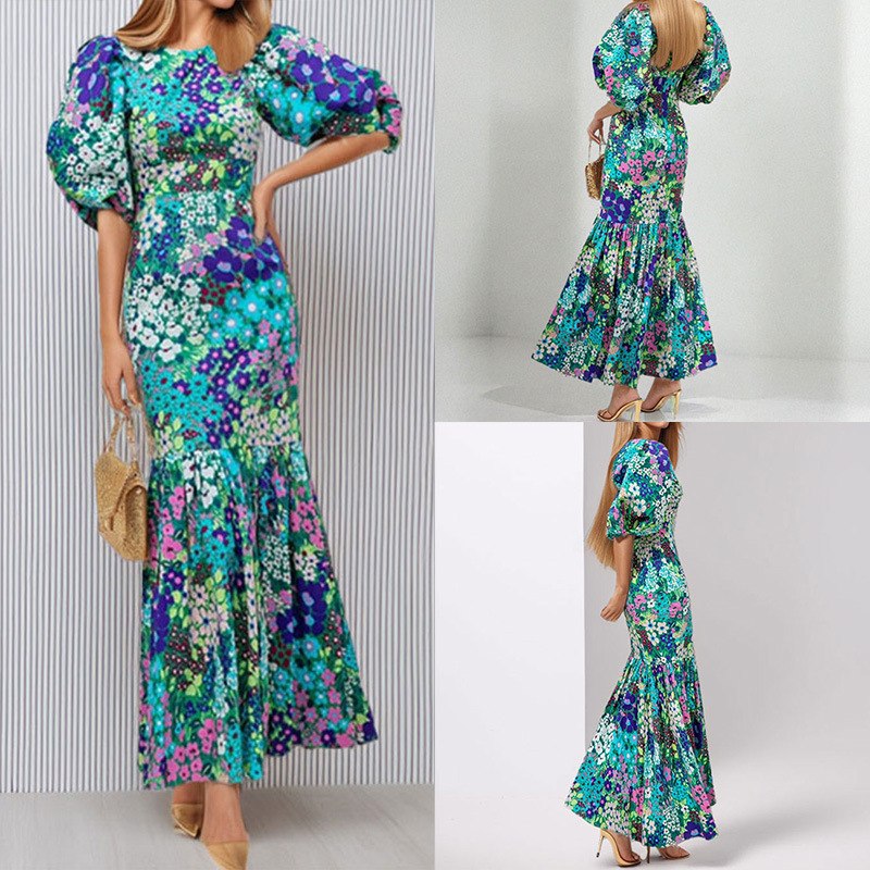 Floral Print Puff Sleeve Slim Fit Midi Dress