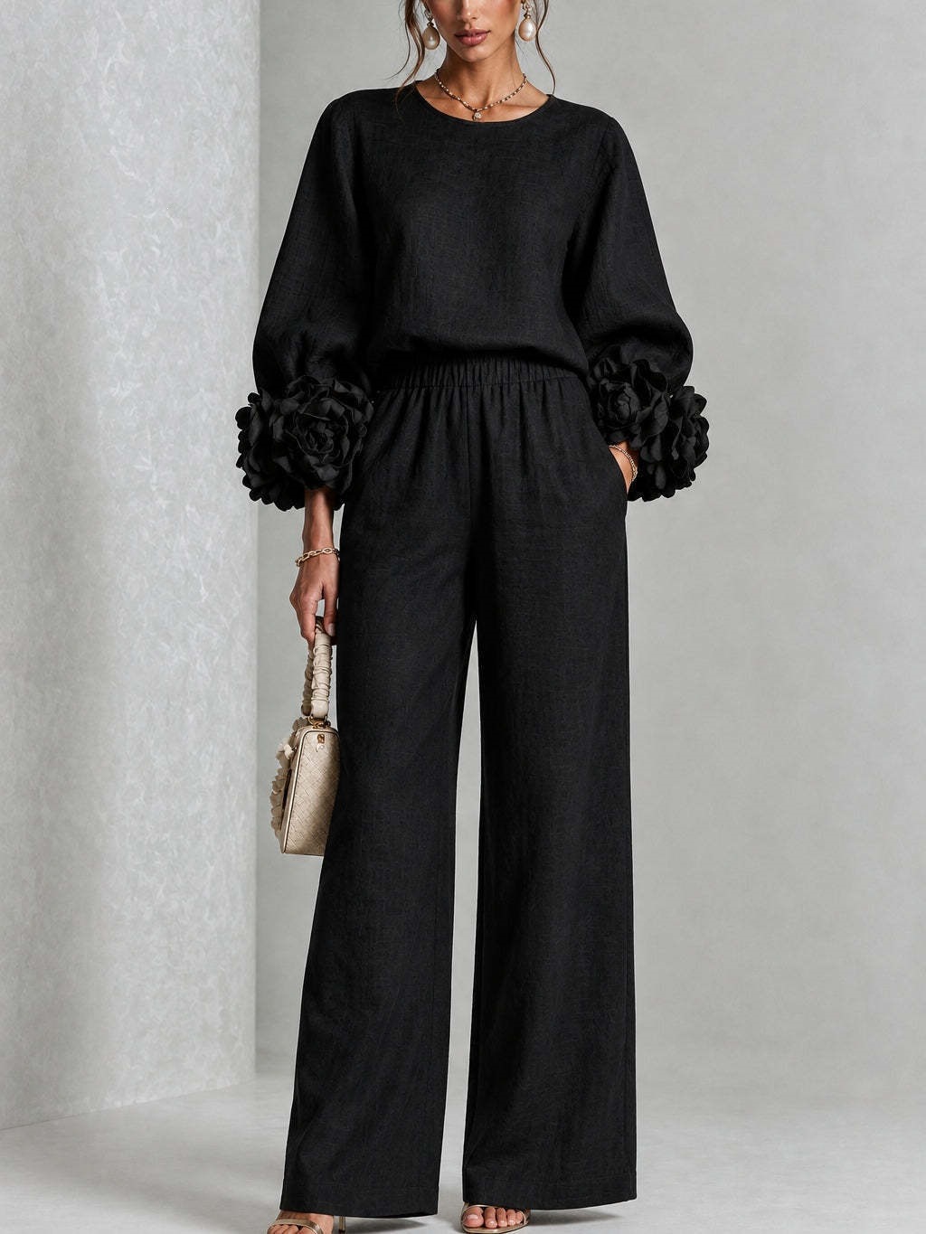 Women's Two-Piece Long Sleeve Floral Cuff Wide-Leg Pants Set Casual Commuter