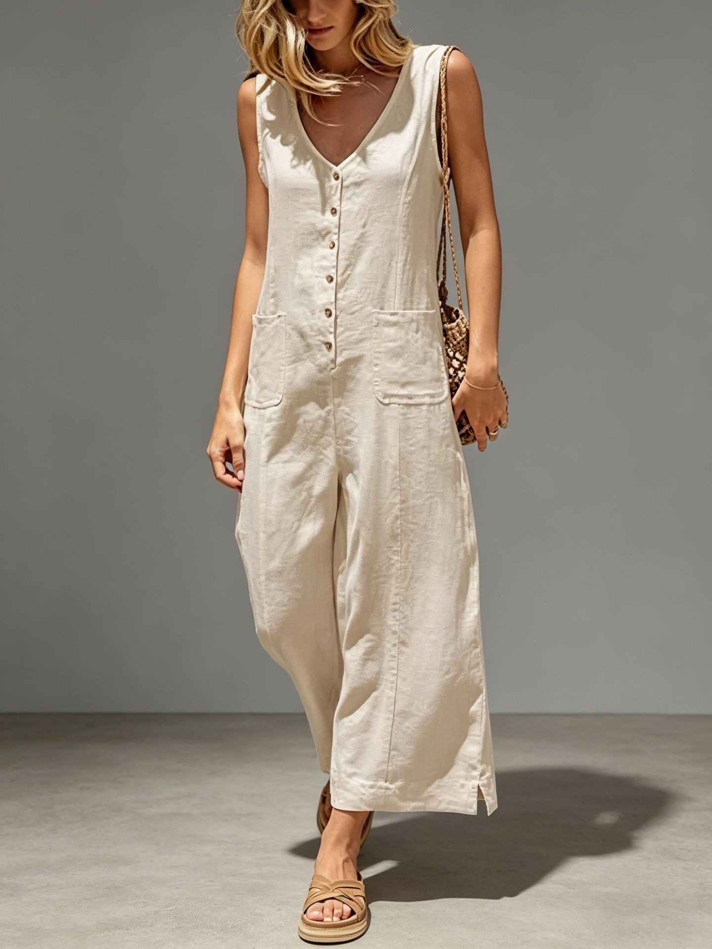 Women's Sleeveless Button-Front Wide-Leg Jumpsuit with Pockets