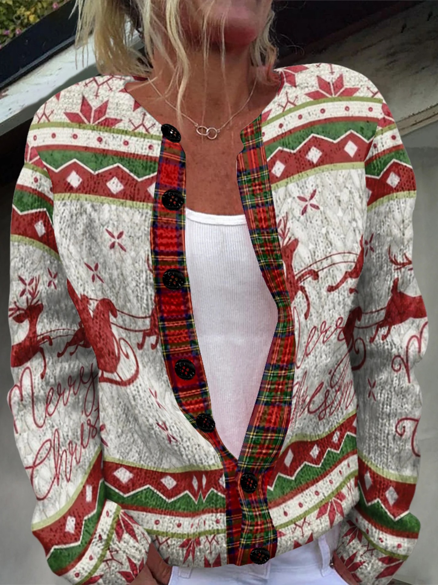 Women's Christmas Santa Print Button Cardigan Sweater
