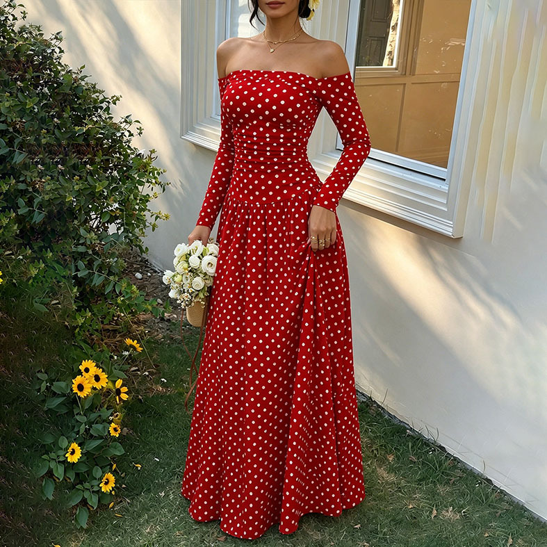 Women's Off-Shoulder Polka Dot Long Sleeve A-Line Dress