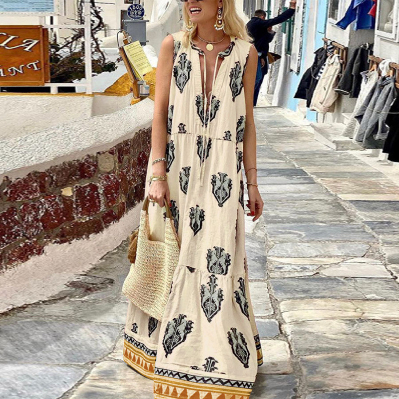 Bohemian Print Sleeveless Deep V-Neck Maxi Dress