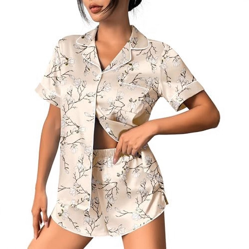 Women's Cuban Collar Leopard Tree Floral Monkey Print Short Sleeve Set