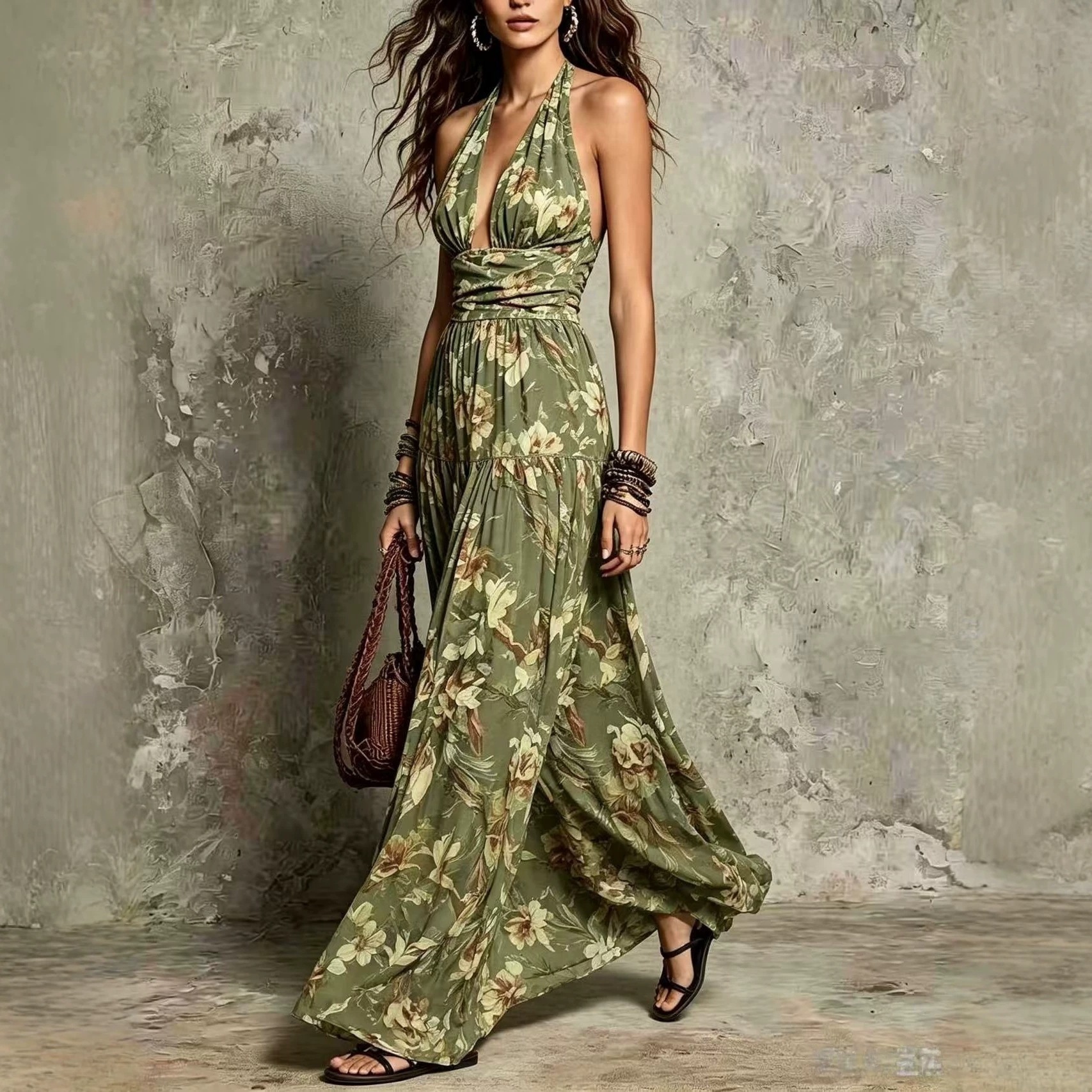 Women's Halter V-Neck Floral Print Open-Back Long Dress