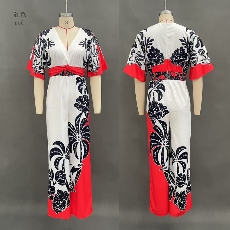 Women's V-Neck Printed Wide-Leg Jumpsuit