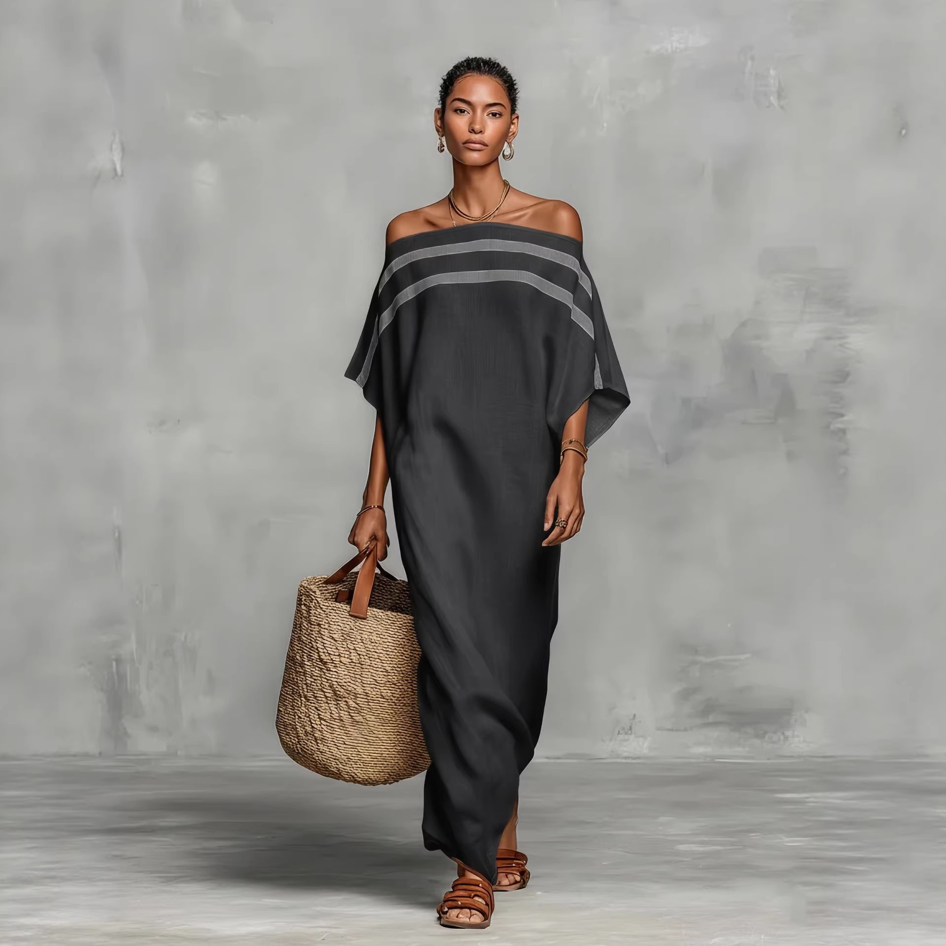 Off-Shoulder Maxi Dress with Batwing Sleeves