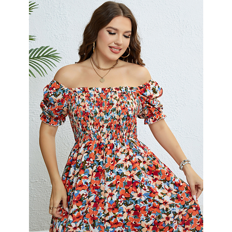 Floral Off-Shoulder A-Line Midi Dress with Puff Sleeves and Cinched Waist