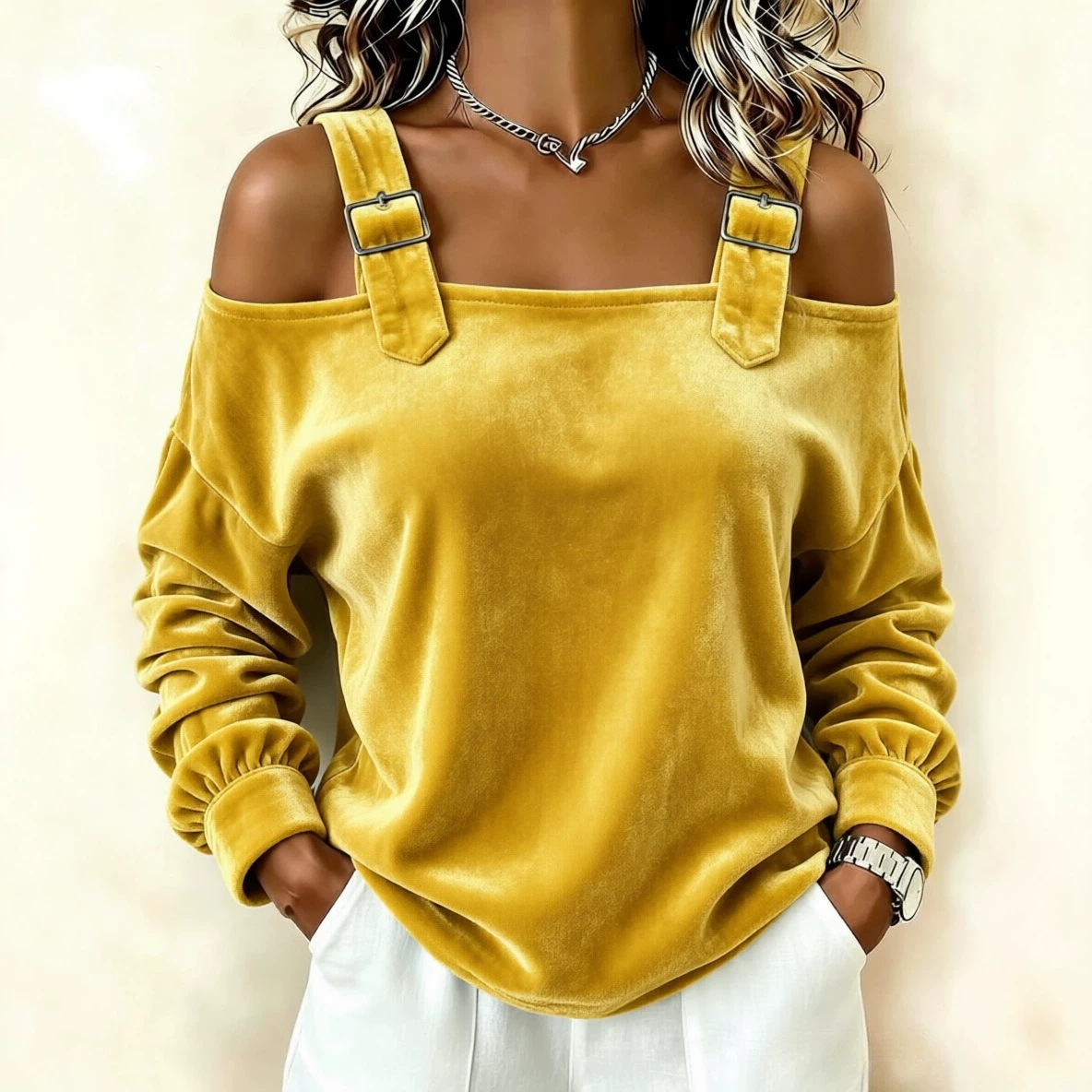Off-Shoulder One-Line Neck Long-Sleeve Knit Top
