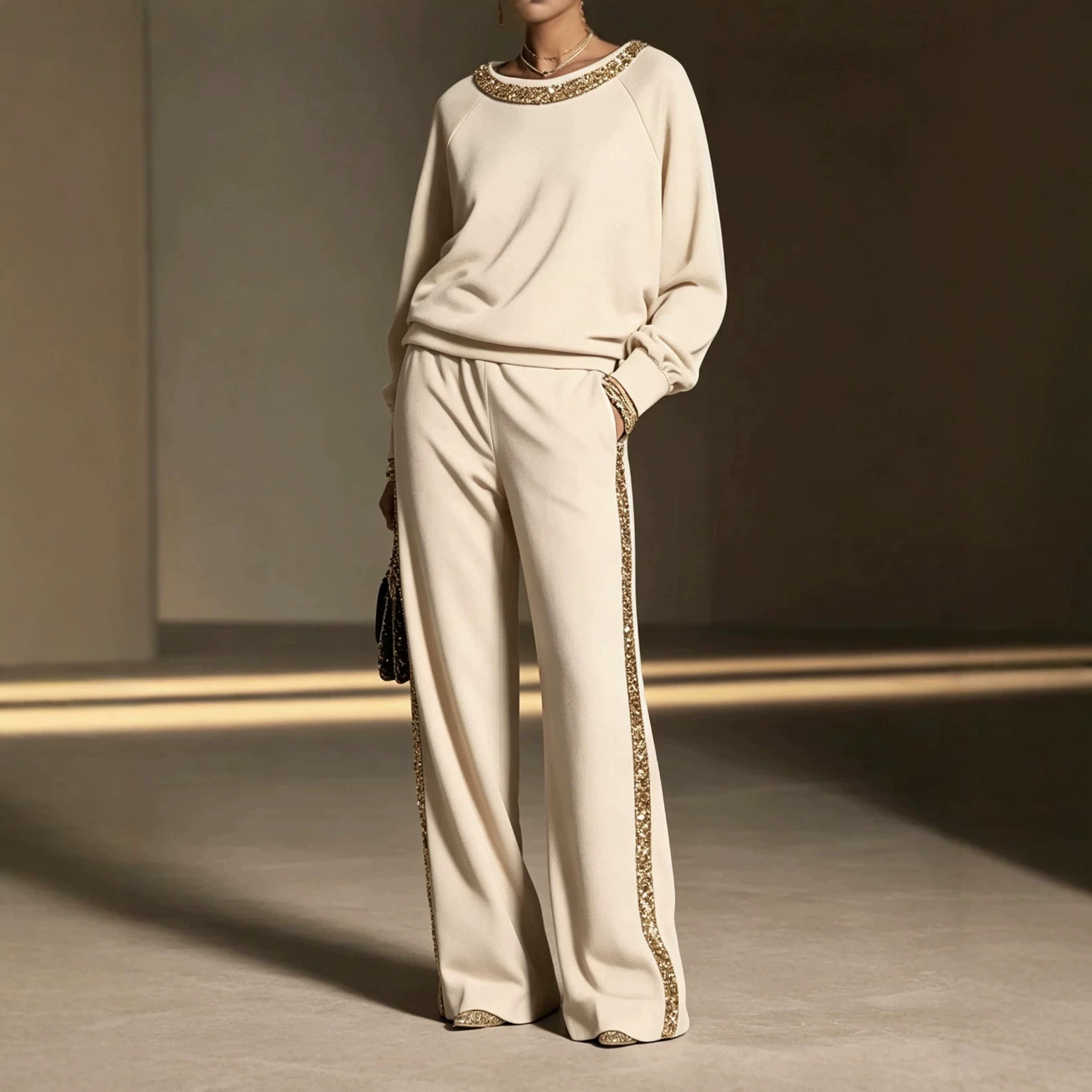 Gold Sequin Boat Neck Top & Wide Leg Pants Set