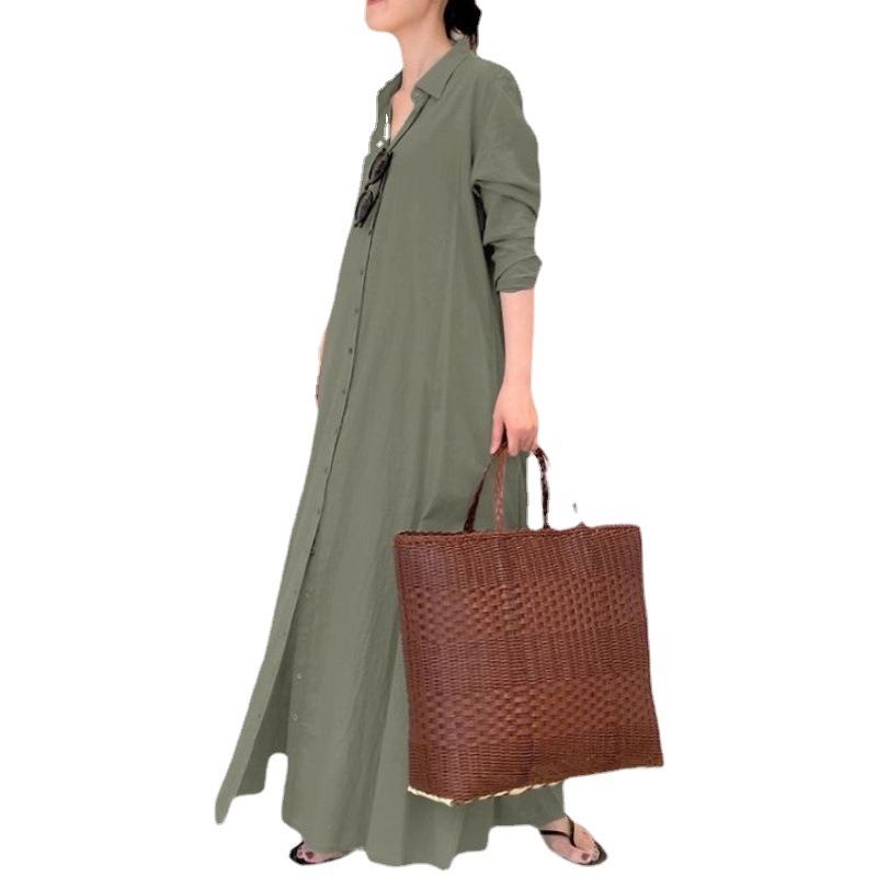 Solid Color Lapel Long Sleeve Pocketed Loose Long Shirt Dress