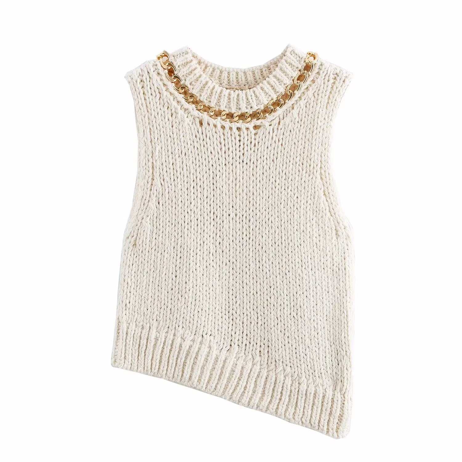 Women's Asymmetric Hem Chain-Trim Knit Top