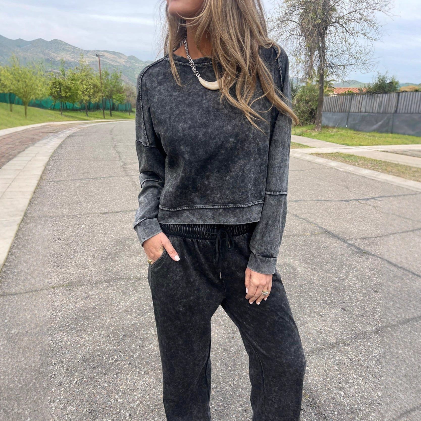 Women's Casual Two-Piece Pants Set with Drawstring Round Neck Long Sleeve