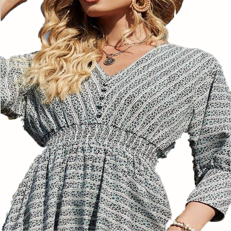 V-Neck Striped Midi Dress Casual High Waist