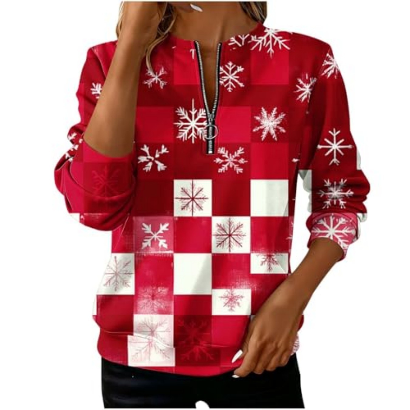 Plaid Snowflake Print Half-Zip Hoodie