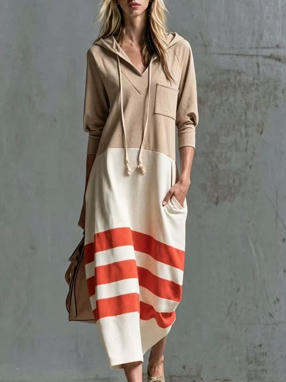 Women's Casual Color-Block Striped Hooded Sweatshirt Dress Loose 3/4 Sleeve A-Line Midi