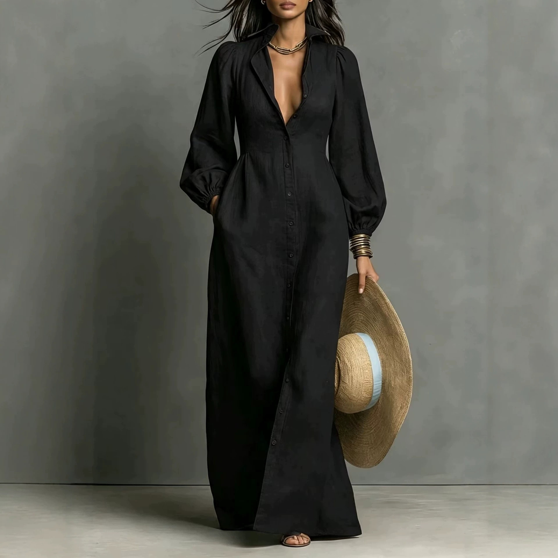 Women's Solid Button-Front Long Shirt Dress with Polo Collar