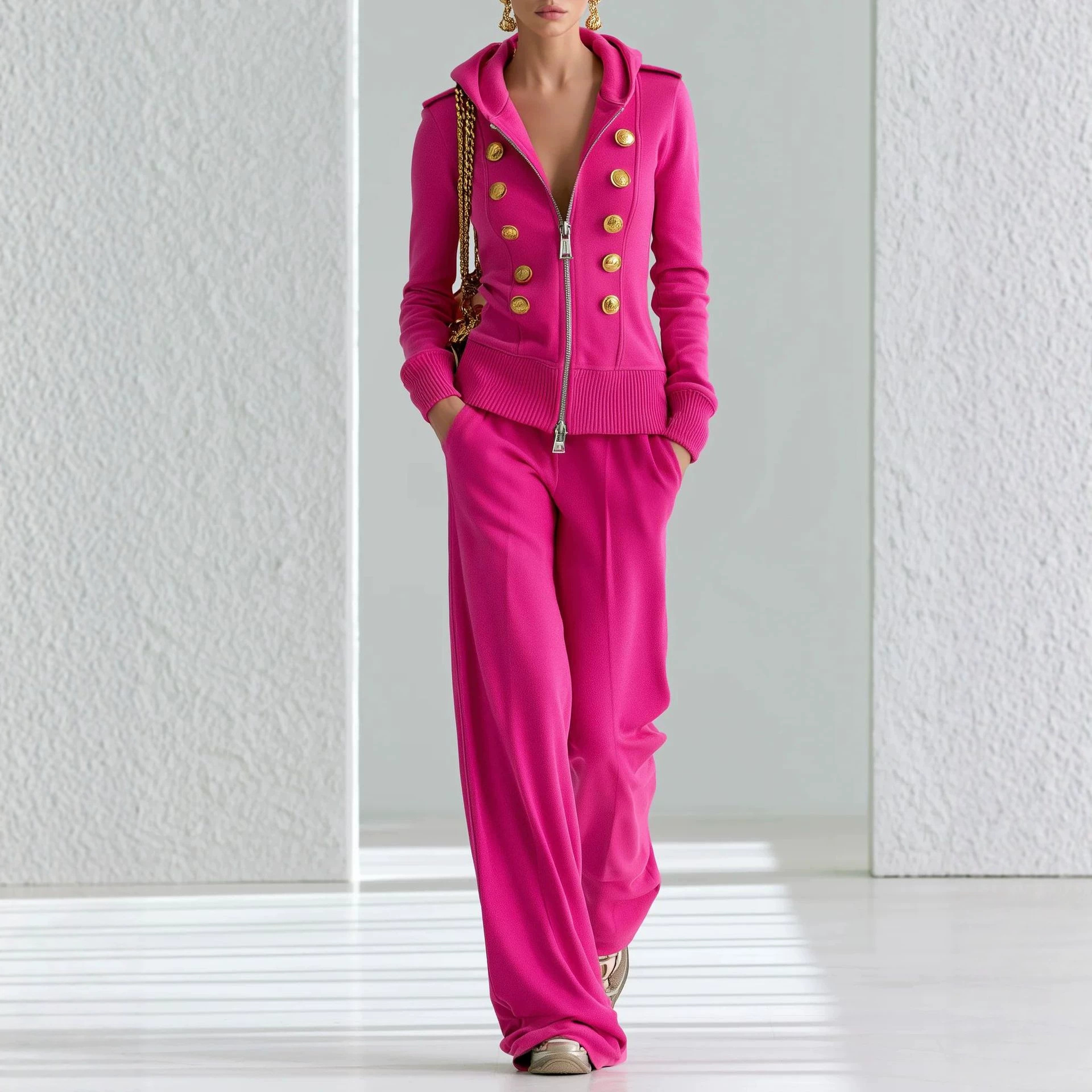 Hooded Zip Two-Piece Wide-Leg Pant Set