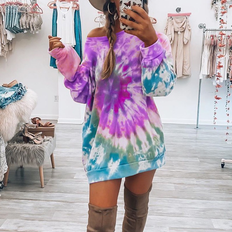 Bohemian Tie-Dye Off-Shoulder Midi Dress Loose Long Sleeve Pullover