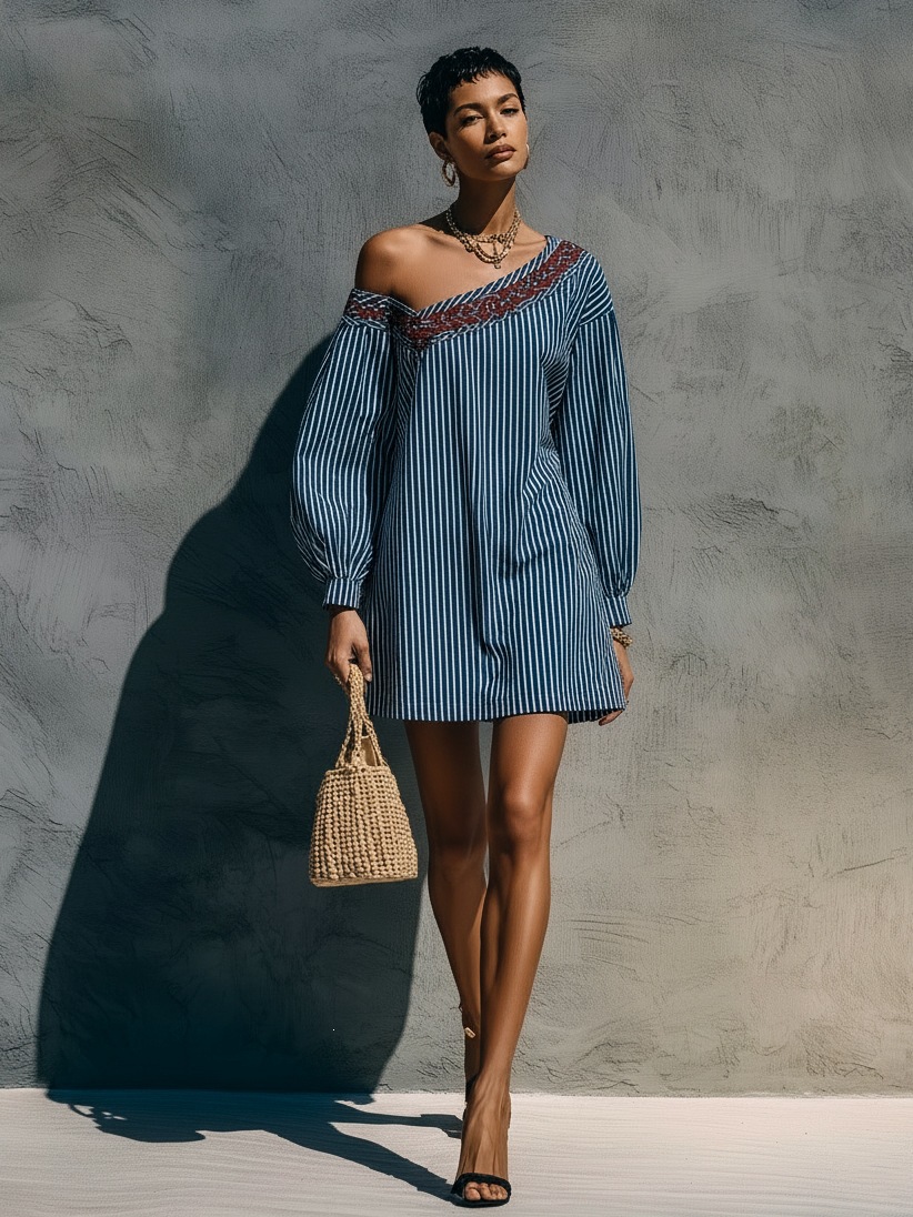 Striped One-Shoulder Long-Sleeve Embroidered Mini Dress