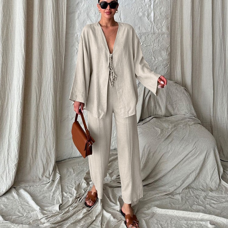 Women's Cotton Cardigan Tie Long Sleeve Pants Loungewear Set Loose Casual Two-Piece