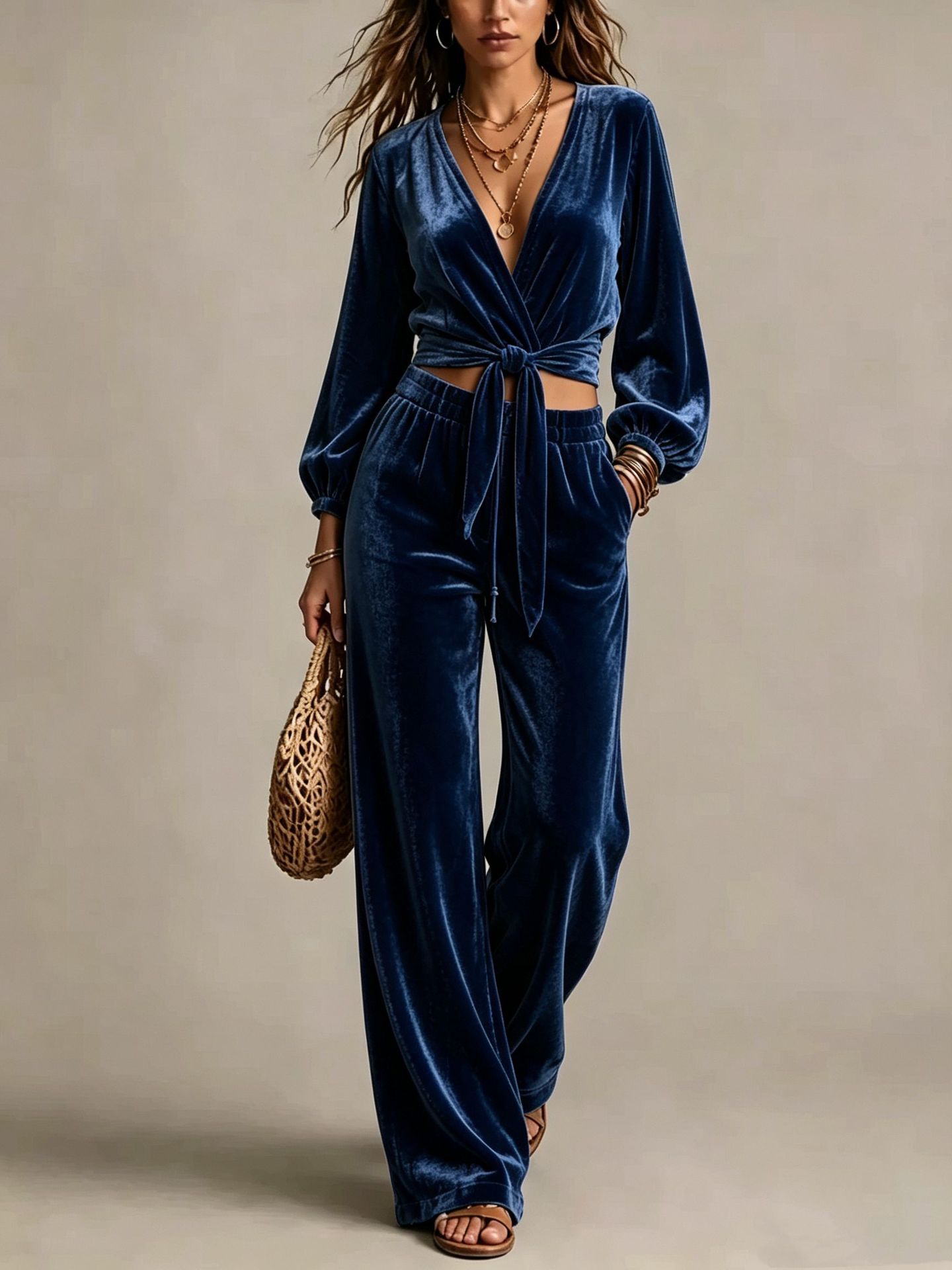 Corduroy V-Neck Cinched Waist Two-Piece Pants Set