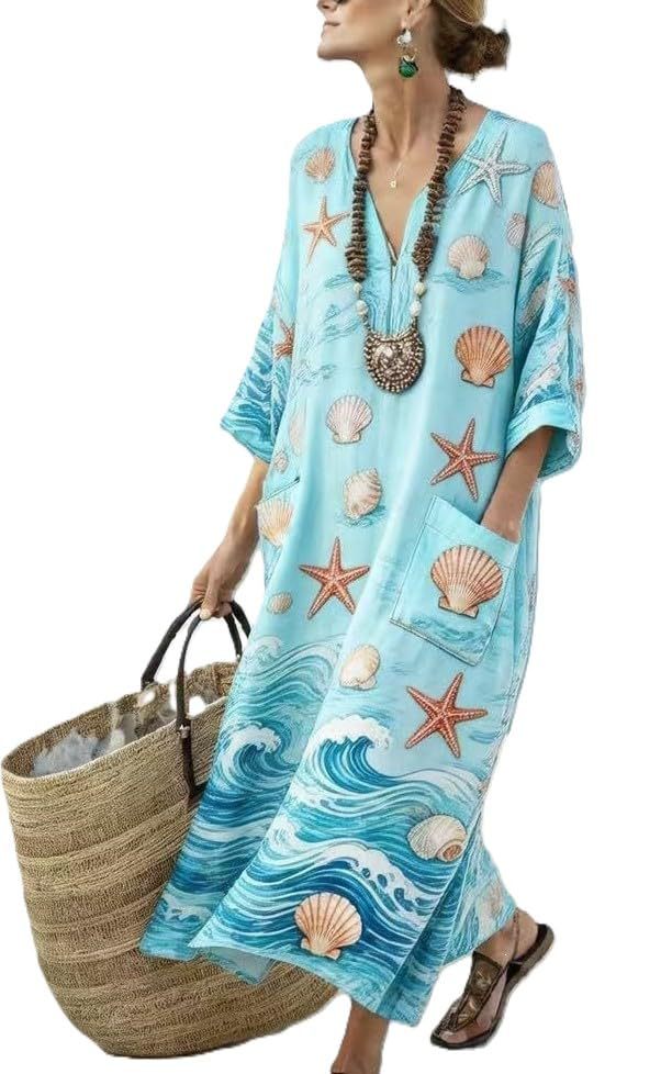 Women's Boho V-Neck A-Line Midi Dress with 3D Print