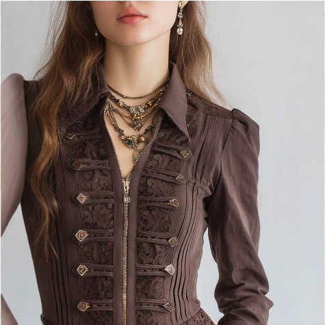 Retro Solid Color Lace-Trim Zip Jacket
