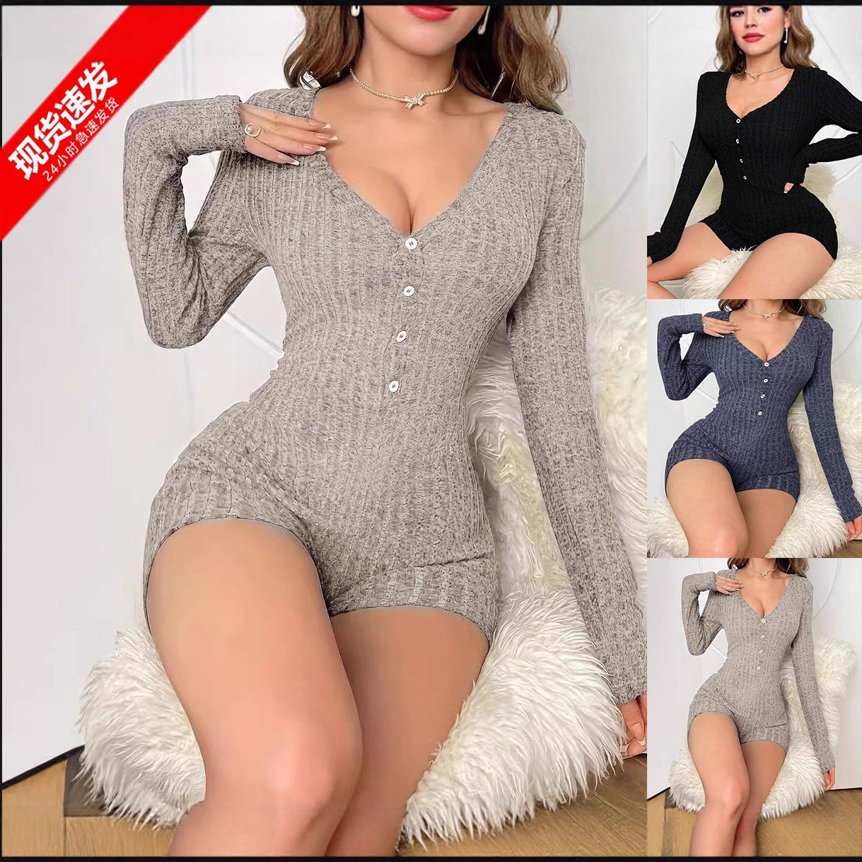Women's Ribbed Knit Slim Fit Jumpsuit Casual Long Sleeve