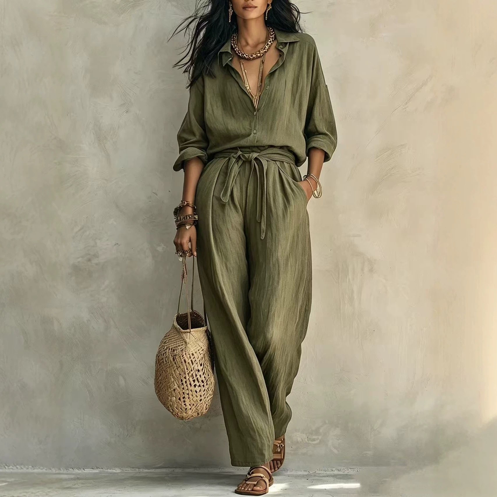 Textured Crinkle Wide-Leg Shirt and Pants Set with Tie