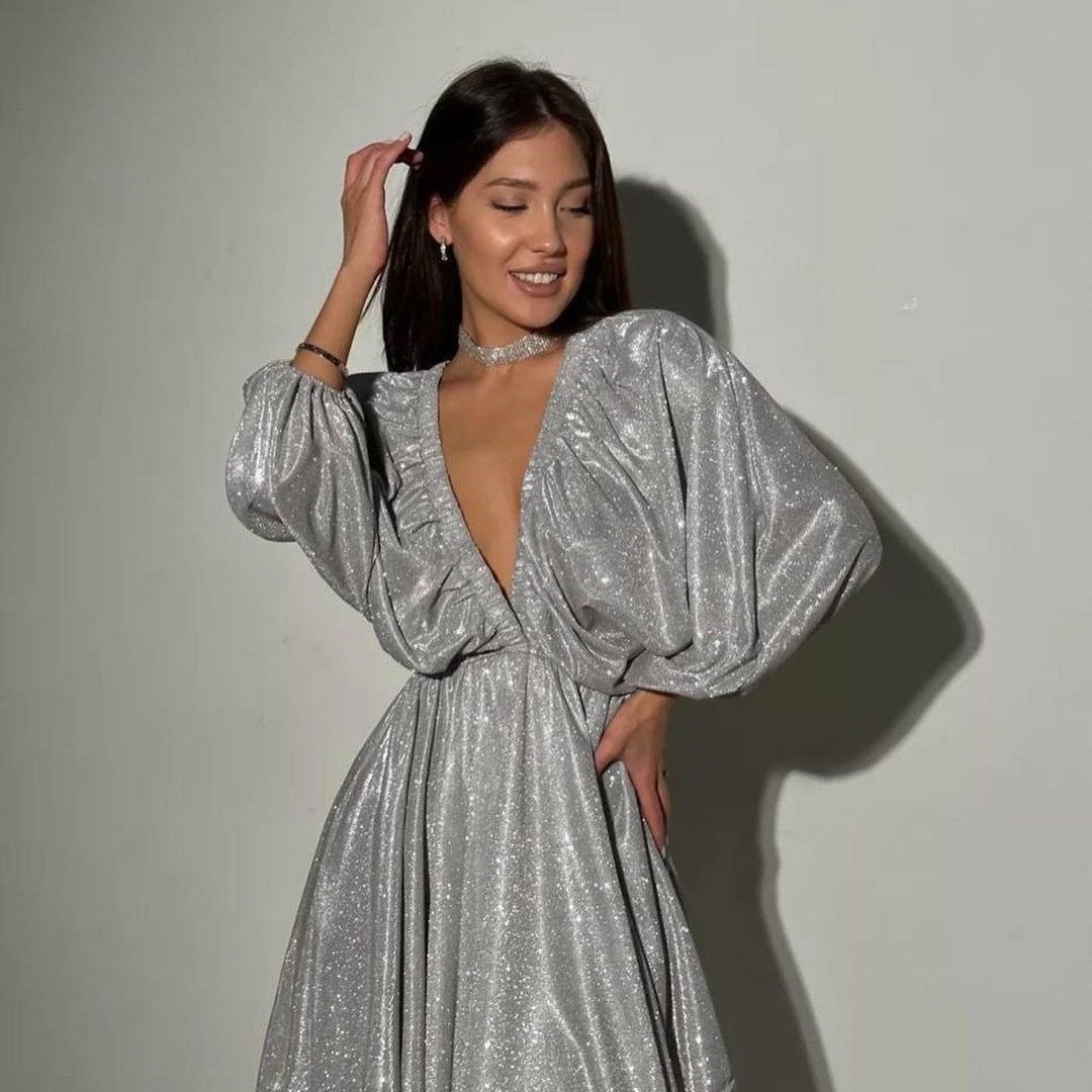 V-Neck Pleated Mini Dress Solid Color Long Sleeve High Waist