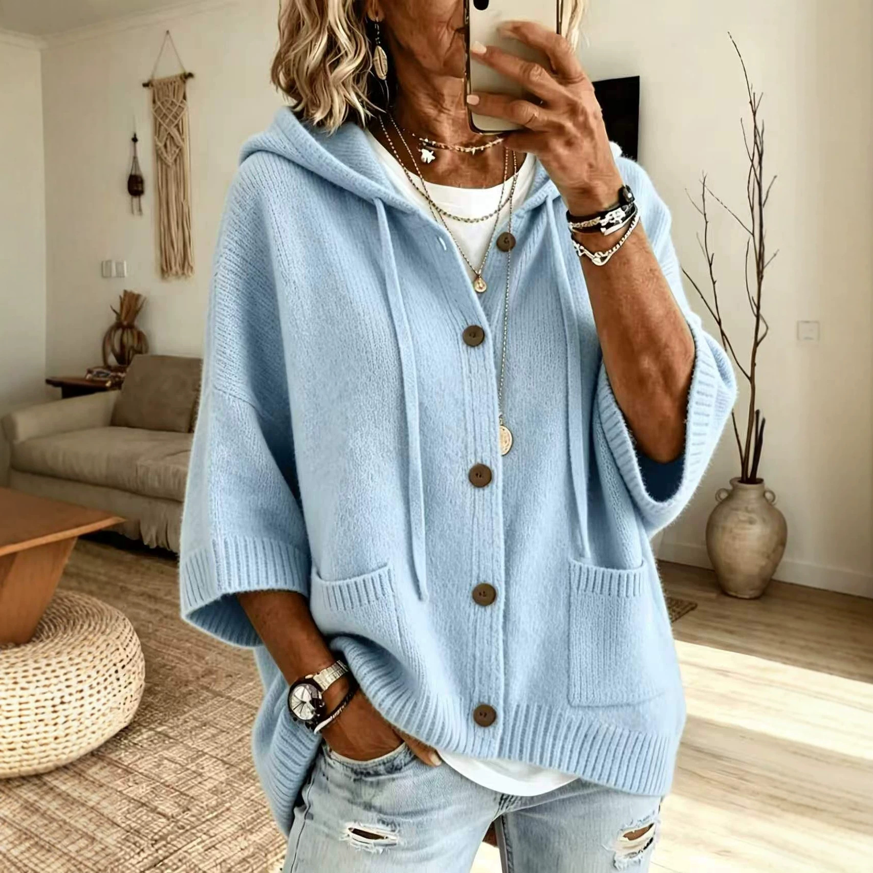 Button-Up Hooded Knit Cardigan Sweater Solid Color Casual Women's Coat